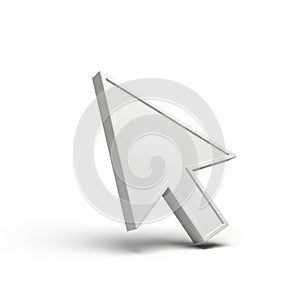 A white 3D rendered computer mouse cursor arrow icon casting a soft shadow on a white background