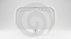 A three-dimensional white speech bubble on a plain white background features e