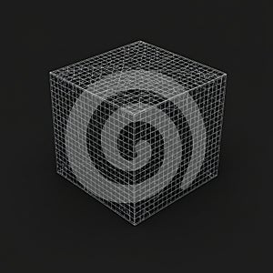 A three-dimensional wireframe cube is displayed against a black background. The