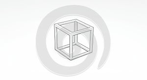 A three-dimensional wireframe cube is set against a plain white background. The