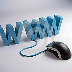 Three dimensional WWW letters connected to computer mouse on white background.