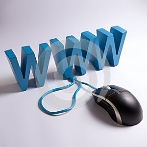 Three dimensional WWW letters connected to computer mouse on white background.