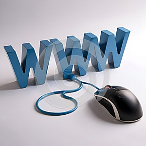 Three dimensional WWW letters connected to computer mouse on white background.