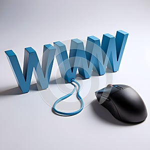 Three dimensional WWW letters connected to computer mouse on white background.