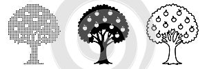Tree in Three Artistic Styles Solid Silhouette, Halftone Dot Matrix, and Outline Drawing