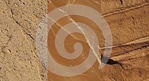 Three distinct types of rock textures are displayed side by side. On the left, a