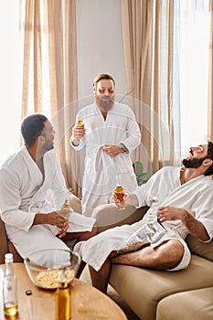 Three diverse, cheerful men in bathrobes