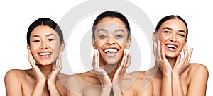 Three Diverse Girls Posing Touching Face, White Background, Panorama