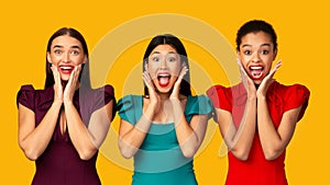 Three Diverse Girls Shouting Standing Over Yellow Background, Panorama