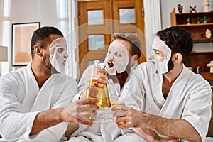 Three diverse men in bathrobes, masks