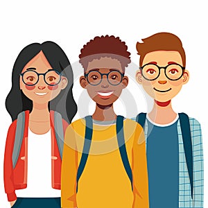 Three diverse students smiling, wearing glasses backpacks. Friendly multicultural group, young