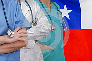 Three Doctors with stethoscope on Chile flag