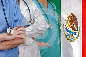 Three Doctors with stethoscope on Mexico flag