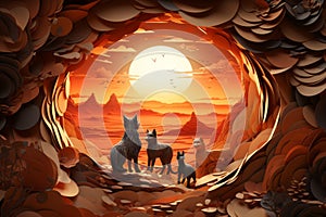 three dogs in the desert with the sun setting in the background