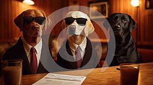 Generative AI Three stylish dogs wea sunglasses and suits sitting at a bar in a cozy warmlit room business concept