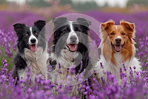 Three dogs in a lavender field, perfect for a pet care brochure,. AI Generated