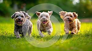 Three dogs running in the grass