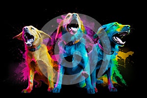 Three dogs with their mouths open in front of black background with colorful paint splatters. Generative AI