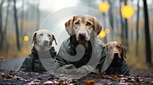 Three dogs wearing coats are sitting on the ground in a forest, AI