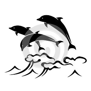 Three dolphins jumping out of the ocean waves. Vector black silhouette.