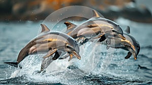 Three Dolphins Jumping Out of the Water at Sunset