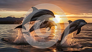 Three dolphins jumping out of the water at sunset, AI