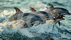 Three Dolphins Jumping Out of the Water at Sunset