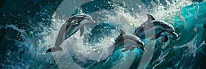 Three dolphins are jumping out of the water in a wave by AI generated image