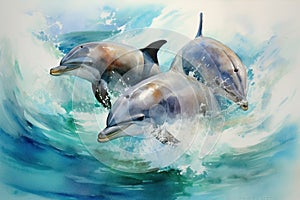 Three dolphins jumping in turquoise sea in foam splashes of sea water. Watercolor painting.