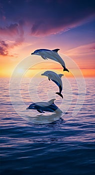 Three Dolphins Swimming Through the Sky at Sunset
