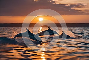 three dolphins are in the water near the sun set in