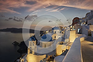 The three domes of Oia just after sunset