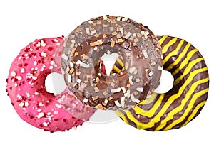 Three donuts isolated on a white background