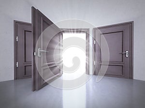 Three doors interior with the open one with flare in 3D