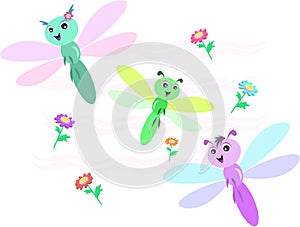 Three Dragonflies with Flowers