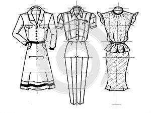 Three drawings of clothes