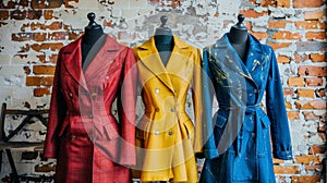 Three dresses on mannequins in front of a brick wall, AI