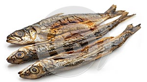 Three dried fish on white surface