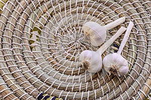 Three dried garlic bulbs on wicker basket background