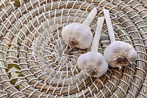 Three dried garlic bulbs in wicker basket with copy space on left