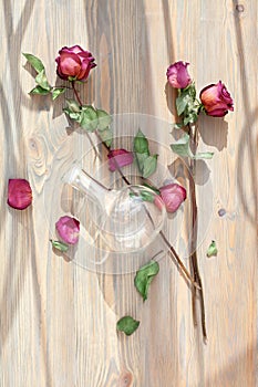 Three dried red roses, scattered flower petals, green leaves, glass vase on wooden background top view close up