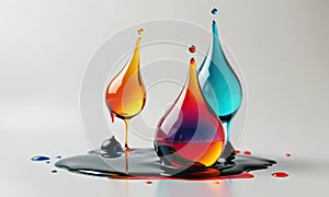 Three drops of liquid in different colors are shown in a row on a white surface.