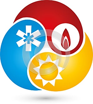 Three drops with water, snow and sun, air conditioning and plumbing logo