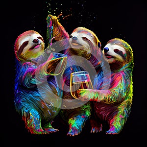 Three drunk sloths with beer. AI generative