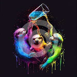 Three drunk sloths dripping paints. AI generative