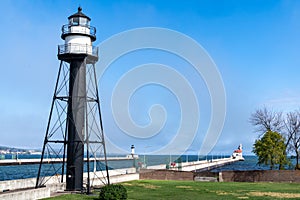 Three Duluth Minnesota breakwater lighthouses North, South, Inner in Canal Park on Lake Superior