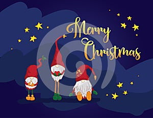 Three dwarfs, Santa`s elfs in red hats post card Merry Christmas. Blue background