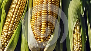 Three ears of corn are shown with their green leaves still attached. The corn is yellow and he is ripe