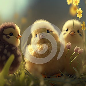 Three Easter chicks in the spring meadow