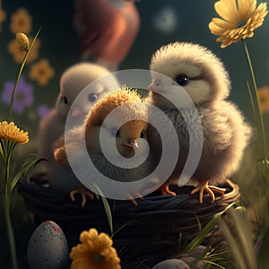 Three Easter chicks in the spring meadow